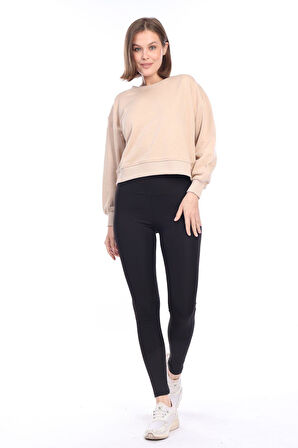 Kadın %100 Pamuk Bej Ultra Kalite Diagonel Şardonsuz 3 iplik Bisiklet Yaka Basic Sweatshirt