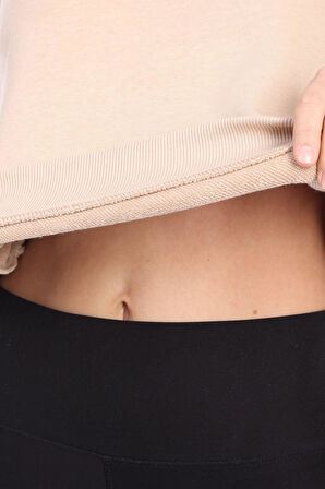 Kadın %100 Pamuk Bej Ultra Kalite Diagonel Şardonsuz 3 iplik Bisiklet Yaka Basic Sweatshirt