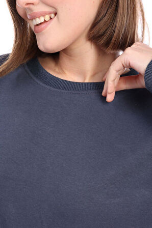 Kadın %100 Pamuk Şardonsuz Füme 3 iplik Basic Oversize bisiklet yaka uzun kol Sweatshirt