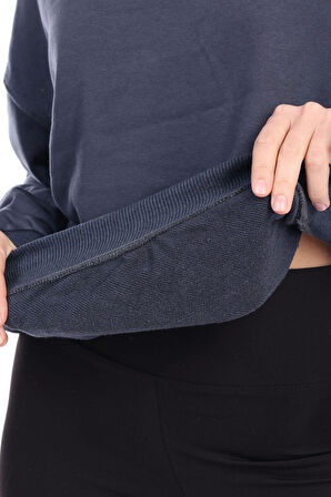 Kadın %100 Pamuk Şardonsuz Füme 3 iplik Basic Oversize bisiklet yaka uzun kol Sweatshirt