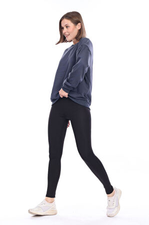 Kadın %100 Pamuk Şardonsuz Füme 3 iplik Basic Oversize bisiklet yaka uzun kol Sweatshirt