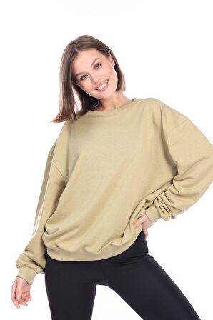 Kadın %100 Pamuk Şardonsuz Askeri Haki 3 iplik Basic Oversize bisiklet yaka uzun kol Sweatshirt