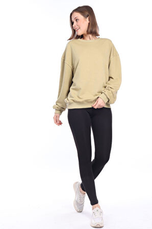 Kadın %100 Pamuk Şardonsuz Askeri Haki 3 iplik Basic Oversize bisiklet yaka uzun kol Sweatshirt