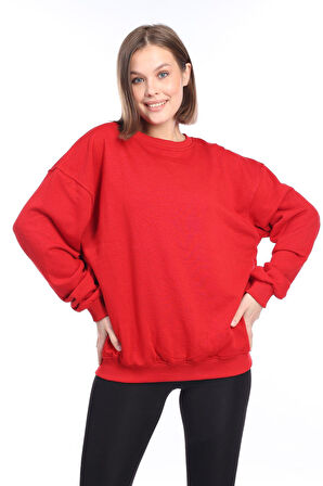 Kadın %100 Pamuk Şardonsuz Kırmızı 3 iplik Basic Oversize bisiklet yaka uzun kol Sweatshirt