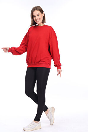 Kadın %100 Pamuk Şardonsuz Kırmızı 3 iplik Basic Oversize bisiklet yaka uzun kol Sweatshirt