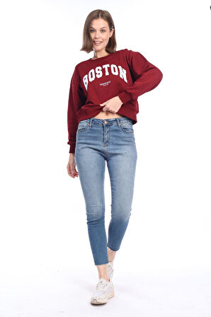 Kadın %100 Pamuk Baskılı Bordo Ultra Kalite Diagonel Şardonsuz 3iplik Bisiklet Yaka Basic Sweatshirt