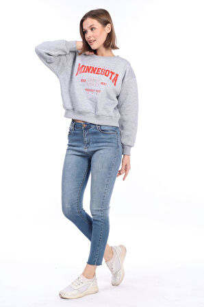 Kadın %100 Pamuk Baskılı Gri Melanj Ultra Kalite Şardonlu 3 iplik Bisiklet Yaka Basic Sweatshirt