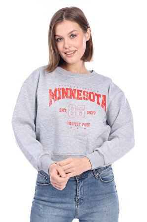 Kadın %100 Pamuk Baskılı Gri Melanj Ultra Kalite Şardonlu 3 iplik Bisiklet Yaka Basic Sweatshirt