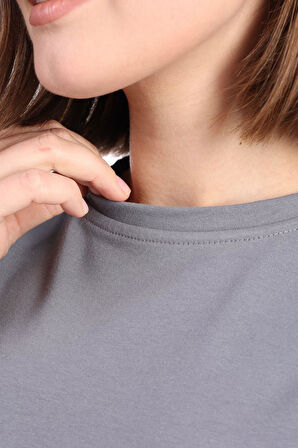 Füme %100 Pamuk Yüksek Kalite Kadın Penye Koyu Gri Kısa Kol Crop