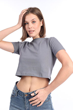Füme %100 Pamuk Yüksek Kalite Kadın Penye Koyu Gri Kısa Kol Crop