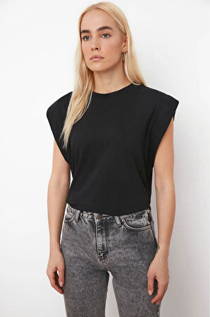 Siyah-Beyaz 2'li %100 Pamuk Vatka Görünümlü Koltukaltı Parçalı Basic Bisiklet Yaka Örme T-shirt