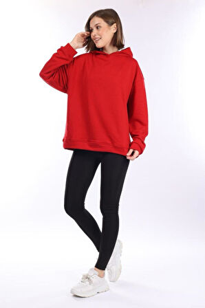 % 100 Pamuk Kadın Yumuşak Dokulu Kırmızı Şardonsuz Basic 3 iplik oversize kapüşonlu sweatshirt