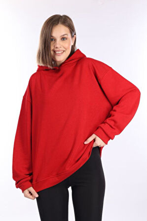 % 100 Pamuk Kadın Yumuşak Dokulu Kırmızı Şardonsuz Basic 3 iplik oversize kapüşonlu sweatshirt