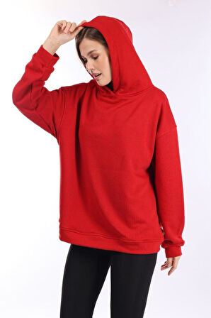 % 100 Pamuk Kadın Yumuşak Dokulu Kırmızı Şardonsuz Basic 3 iplik oversize kapüşonlu sweatshirt