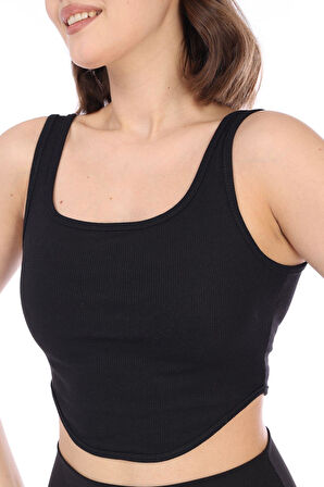 Kadın Siyah Arkası Fermuarlı Fitilli Kaşkorse Crop Top