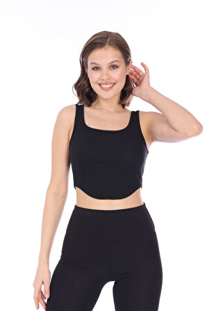 Kadın Siyah Arkası Fermuarlı Fitilli Kaşkorse Crop Top