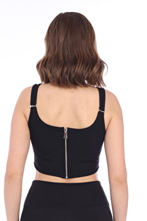 Kadın Siyah Arkası Fermuarlı Fitilli Kaşkorse Crop Top