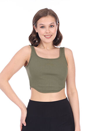 Kadın Haki Arkası Fermuarlı Fitilli Kaşkorse Crop Top