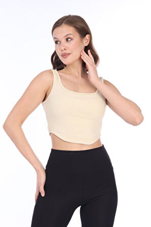 Kadın Bej Arkası Fermuarlı Fitilli Kaşkorse Crop Top