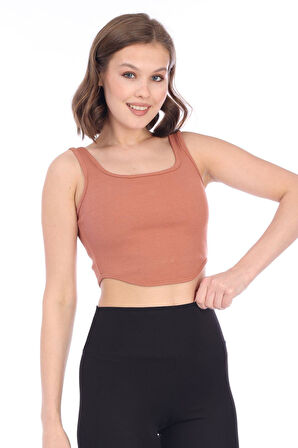 Kadın Kiremit Arkası Fermuarlı Fitilli Kaşkorse Crop Top