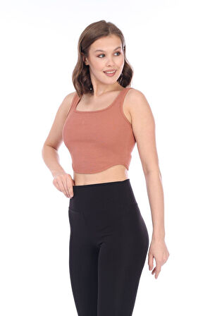 Kadın Kiremit Arkası Fermuarlı Fitilli Kaşkorse Crop Top