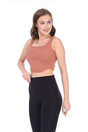 Kadın Kiremit Arkası Fermuarlı Fitilli Kaşkorse Crop Top