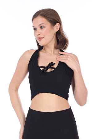 Kadın Siyah Biyeli Bağcıklı Fitilli Kaşkorse Crop Top