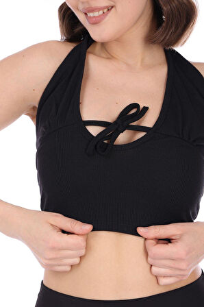 Kadın Siyah Biyeli Bağcıklı Fitilli Kaşkorse Crop Top