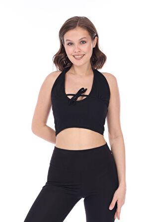 Kadın Siyah Biyeli Bağcıklı Fitilli Kaşkorse Crop Top