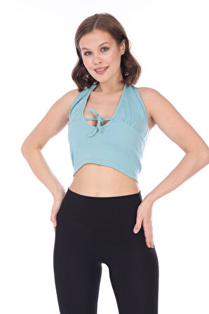 Kadın Mavi Biyeli Bağcıklı Fitilli Kaşkorse Crop Top