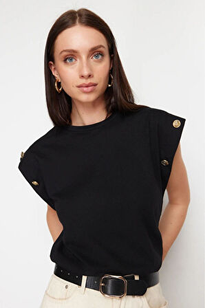 Siyah %100 Pamuk Düğmeli Vatka Görünümlü Basic Bisiklet Yaka Örme T-shirt