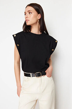 Siyah %100 Pamuk Düğmeli Vatka Görünümlü Basic Bisiklet Yaka Örme T-shirt