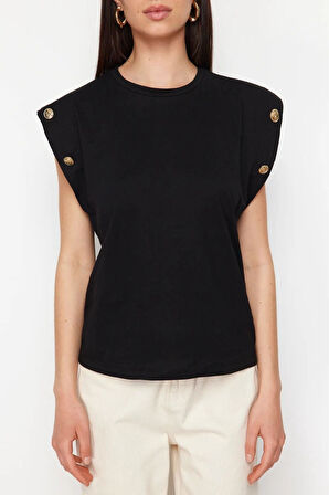 Siyah %100 Pamuk Düğmeli Vatka Görünümlü Basic Bisiklet Yaka Örme T-shirt