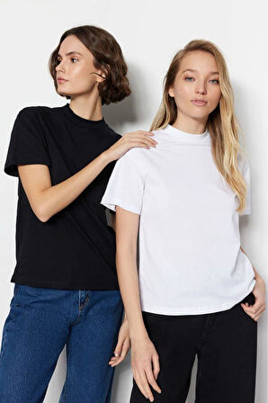 Siyah-Beyaz 2'li Paket %100 Organik Pamuk Basic Ribana'lı Dik Yaka Örme T-Shirt
