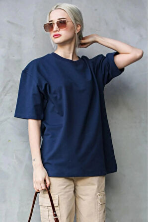 Süper Kalite Kadın %100 Pamuk Lacivert Bisiklet Yaka Oversize Boyfriend T-shirt