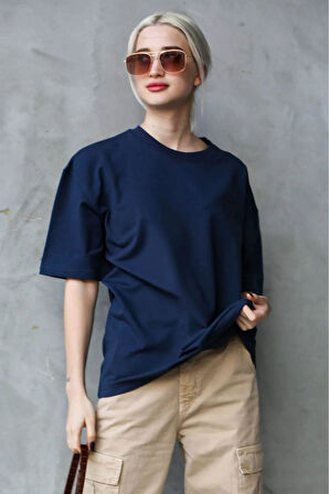 Süper Kalite Kadın %100 Pamuk Lacivert Bisiklet Yaka Oversize Boyfriend T-shirt