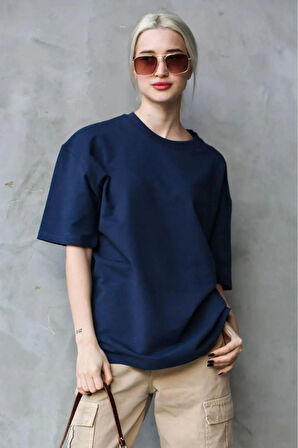 Süper Kalite Kadın %100 Pamuk Lacivert Bisiklet Yaka Oversize Boyfriend T-shirt