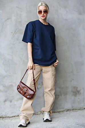 Süper Kalite Kadın %100 Pamuk Lacivert Bisiklet Yaka Oversize Boyfriend T-shirt