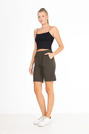 Kadın Haki 2 İplik Cepli Şort Koyu Yeşil