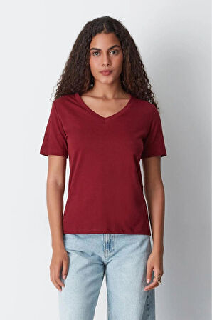 %100 Pamuk Süper Kalite Bordo V Yaka Kadın Basic Tişört Örme Pamuk Penye T-shirt