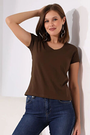 %100 Pamuk Süper Kalite Kahverengi V Yaka Kadın Basic Tişört Örme Pamuk Penye T-shirt