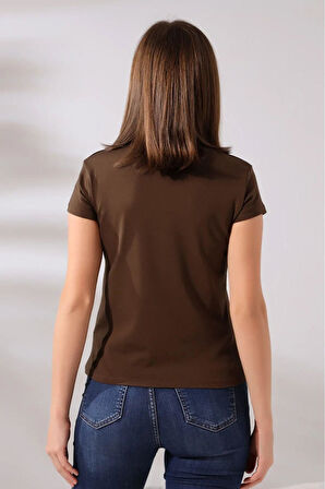 %100 Pamuk Süper Kalite Kahverengi V Yaka Kadın Basic Tişört Örme Pamuk Penye T-shirt