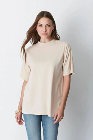Süper Kalite Kadın %100 Pamuk Bej Bisiklet Yaka Oversize Boyfriend T-shirt