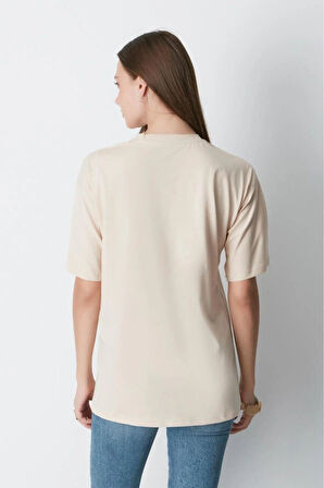Süper Kalite Kadın %100 Pamuk Bej Bisiklet Yaka Oversize Boyfriend T-shirt