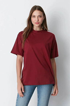 Süper Kalite Kadın %100 Pamuk Bordo Bisiklet Yaka Oversize Boyfriend T-shirt