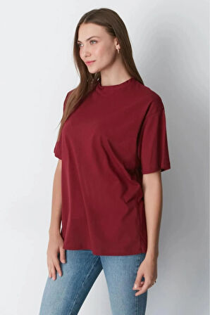 Süper Kalite Kadın %100 Pamuk Bordo Bisiklet Yaka Oversize Boyfriend T-shirt