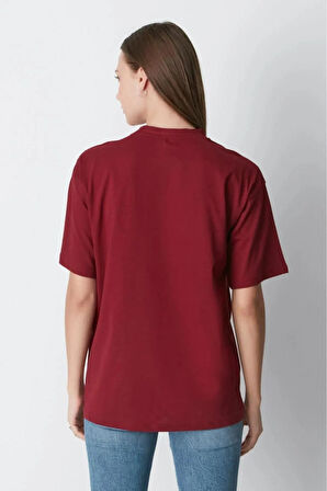 Süper Kalite Kadın %100 Pamuk Bordo Bisiklet Yaka Oversize Boyfriend T-shirt