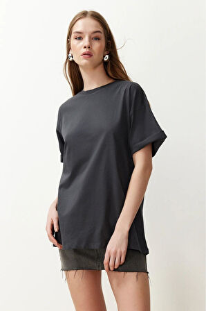 Süper Kalite Kadın %100 Pamuk Füme Antrasit Bisiklet Yaka Oversize Boyfriend T-shirt