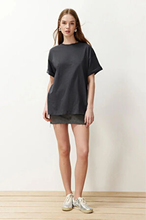 Süper Kalite Kadın %100 Pamuk Füme Antrasit Bisiklet Yaka Oversize Boyfriend T-shirt