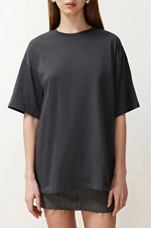 Süper Kalite Kadın %100 Pamuk Füme Antrasit Bisiklet Yaka Oversize Boyfriend T-shirt